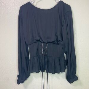 All Row Black Lace Up Corset Blouse Smocked Back Peplum Top Goth Witchy